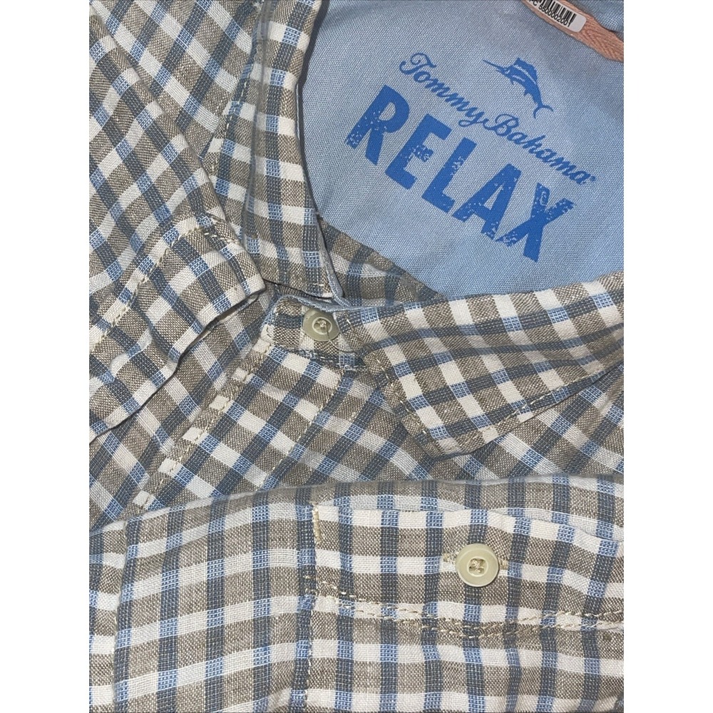 Tommy Bahama Shirt Men L 100% Linen Checkered Short Sleeve Pocket Preppy